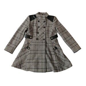 Guess Houndstooth Plaid Wool-Blend Double-Breasted Coat Faux Leather Accents XL